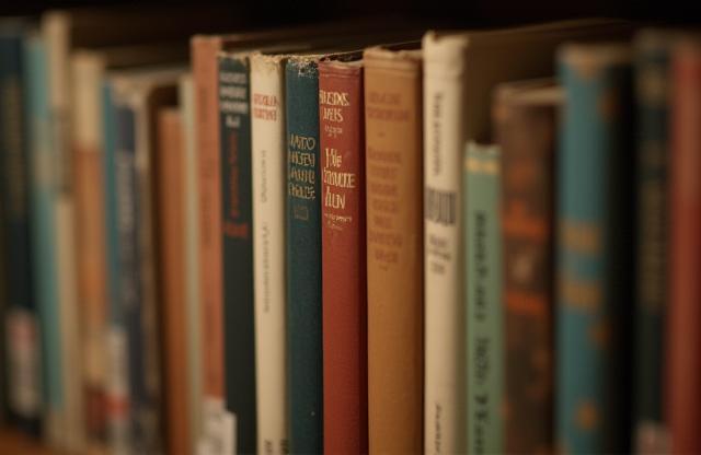 Abstract close-up of book spines on a shelf.