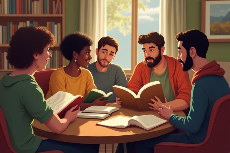 Group of people discussing books.