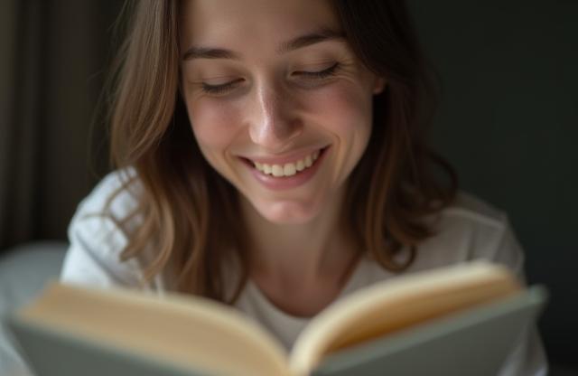 Person happily reading a book.